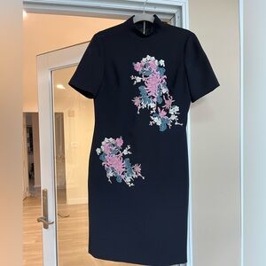Knee-length size 4 Tahari ASL Black Dress with Pink and Teal Floral Embroidery